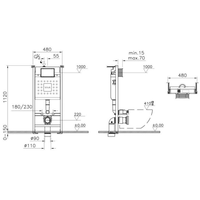 Інсталяція VitrA V-Fix Core з клавішею Root Square Flush Plates чорний мат і унітаз Integra Square Rim - Ex