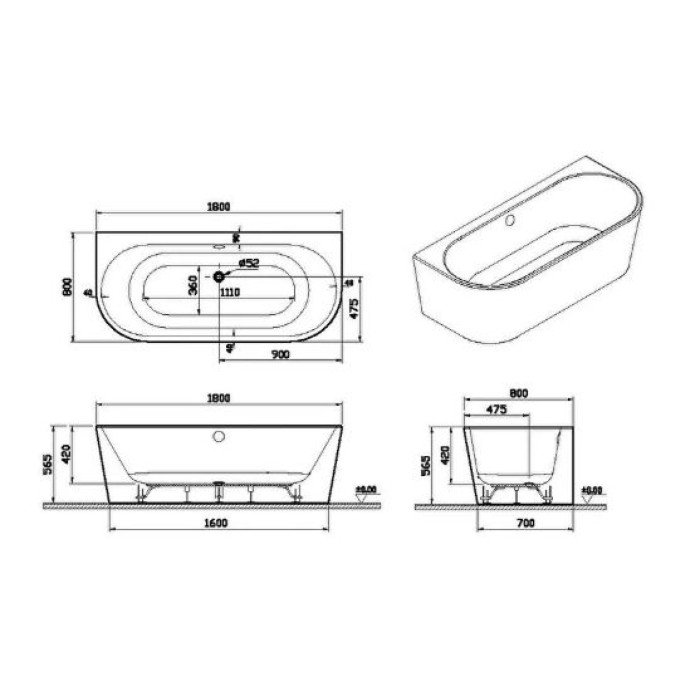 Ванна акриловая VitrA Geo 180x80 белый глянцевый 88-65420006000.
